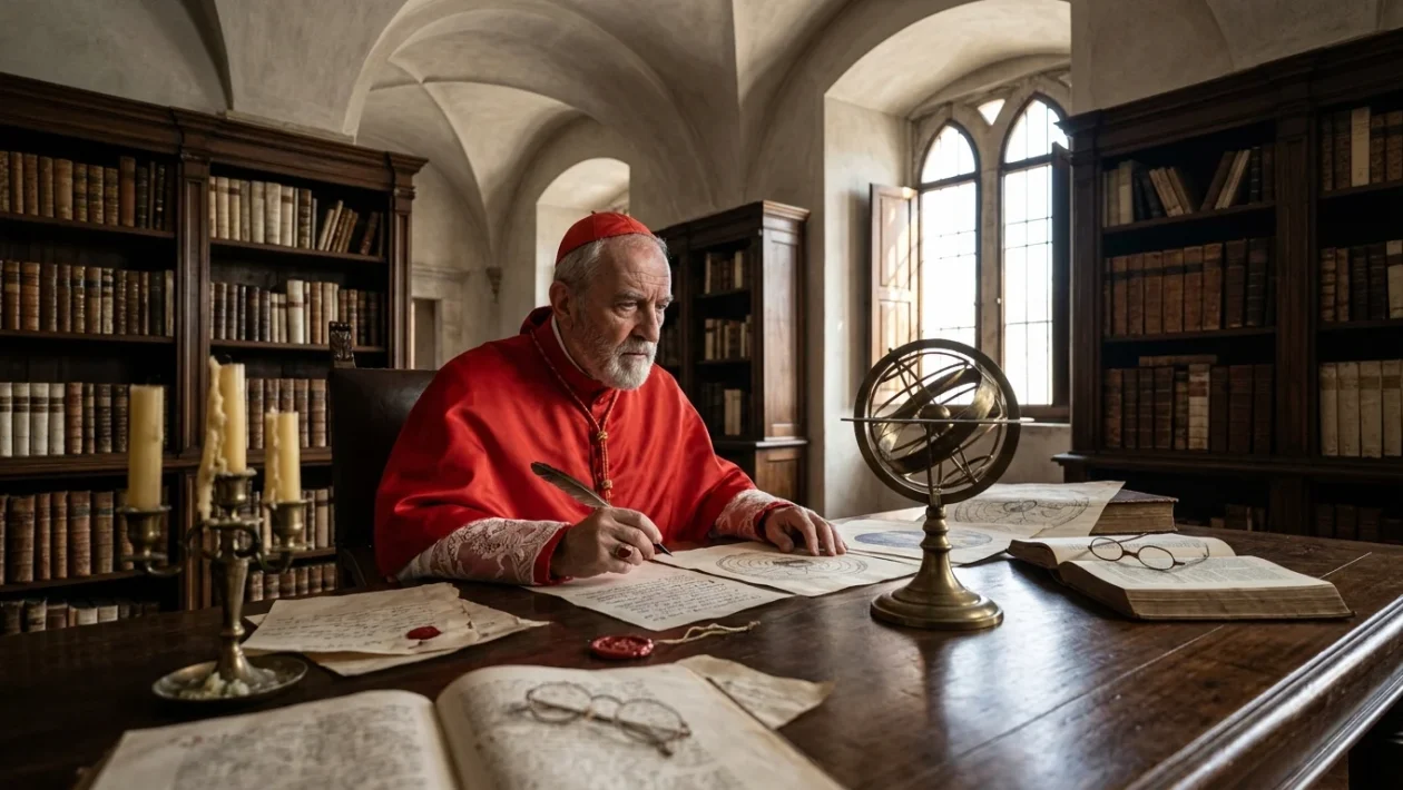 Ritratto storico di San Roberto Bellarmino in abiti cardinalizi con penna d'oca e volumi teologici