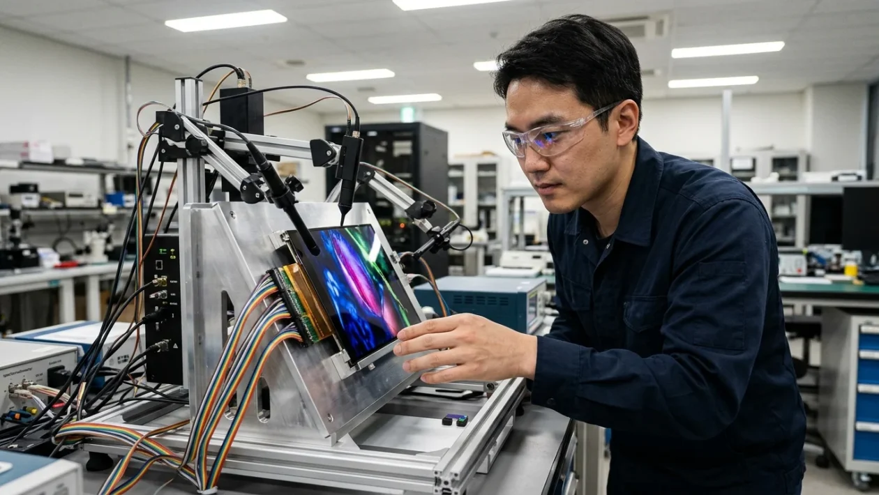 Dettaglio ingrandito della matrice di sub-pixel luminescenti di un pannello OLED prodotto da Samsung Display