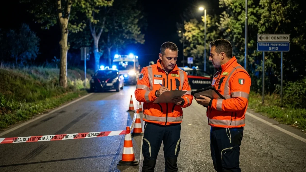 Intervento dei soccorsi e forze dell'ordine dopo un incidente stradale notturno
