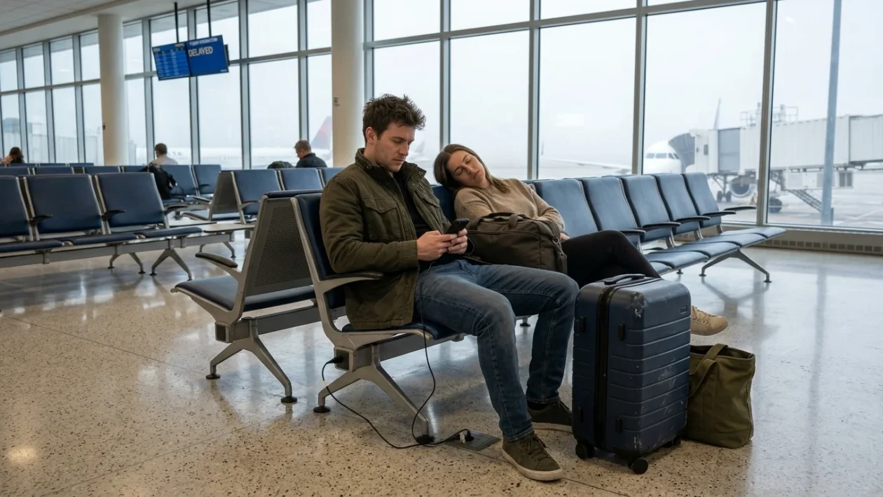 Tabellone delle partenze in aeroporto con aggiornamenti sui voli garantiti