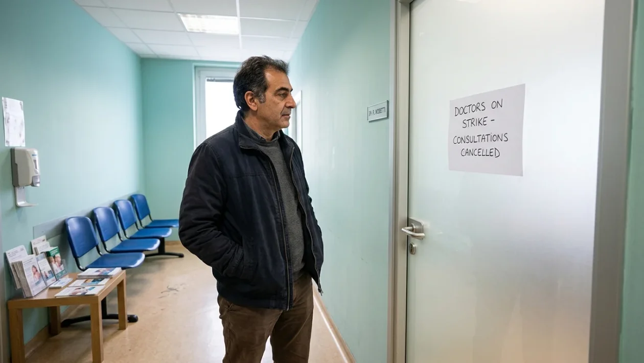 Studio medico con camice bianco e stetoscopio sulla scrivania durante una giornata di sciopero