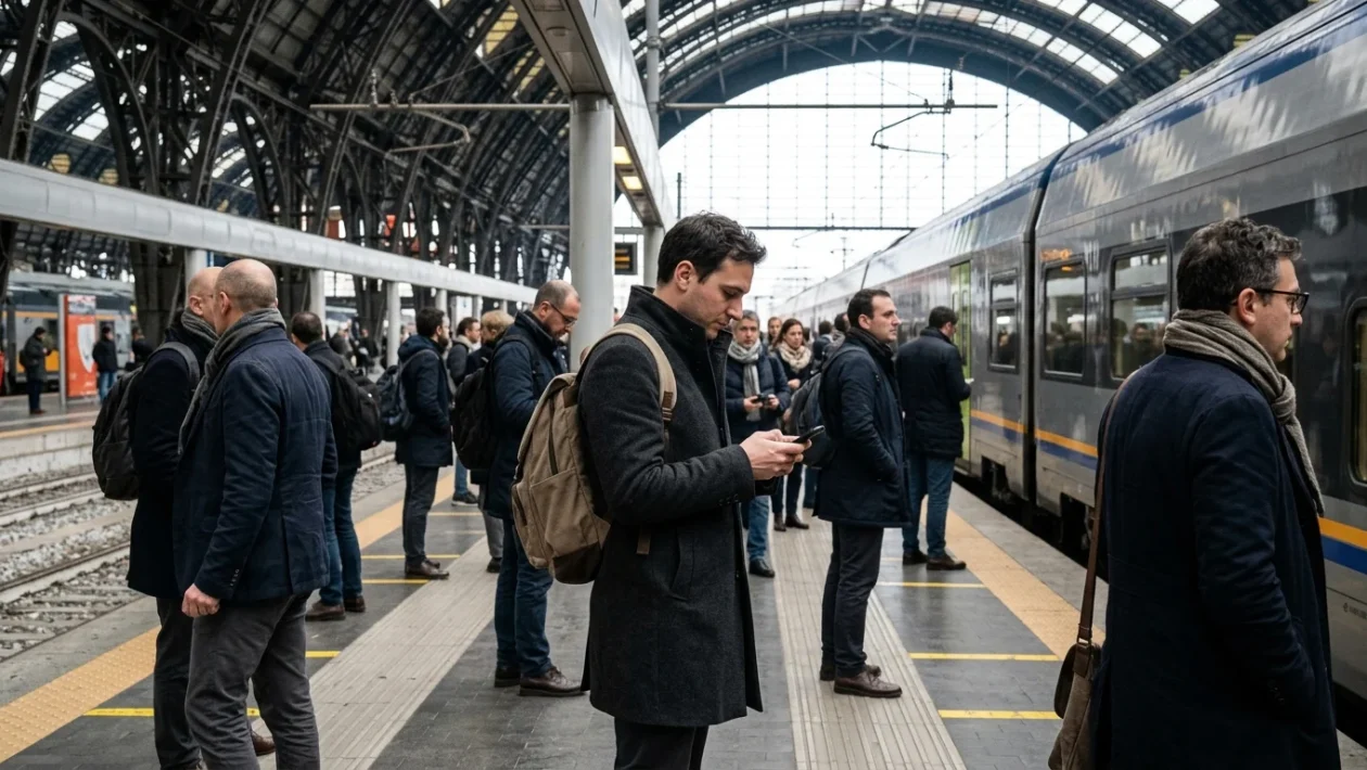Treno regionale Trenord fermo sui binari di una stazione ferroviaria lombarda