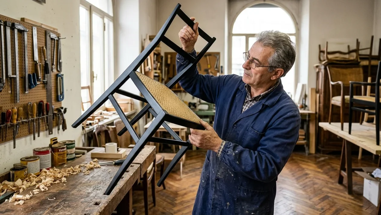 Dettaglio della celebre sedia Superleggera 699 disegnata da Gio Ponti e prodotta da Cassina