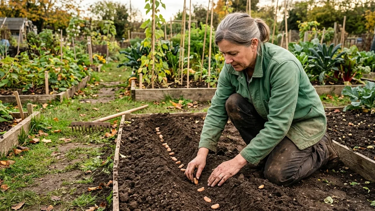 Semi di fava e attrezzi da lavoro su terreno lavorato per la semina autunnale