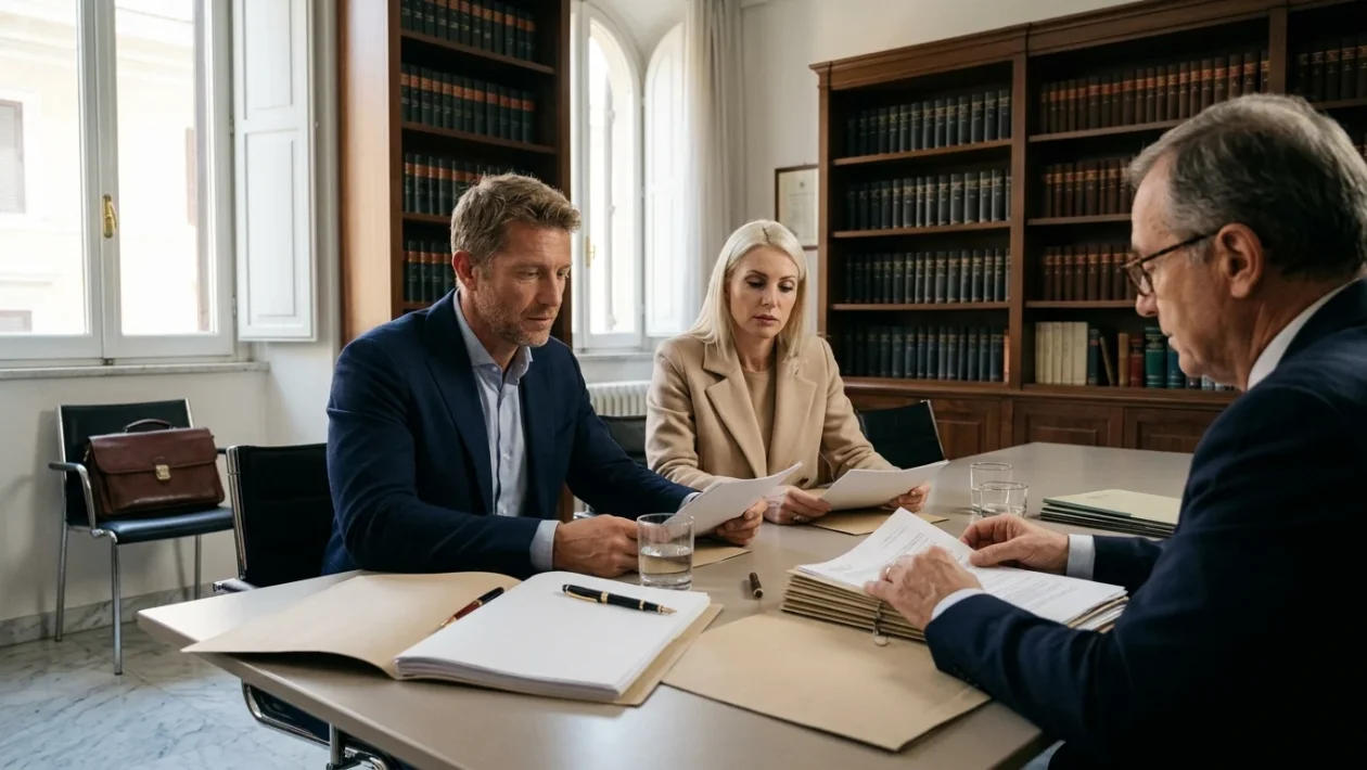 Aula di tribunale con codice civile aperto sulle norme relative alla separazione coniugale