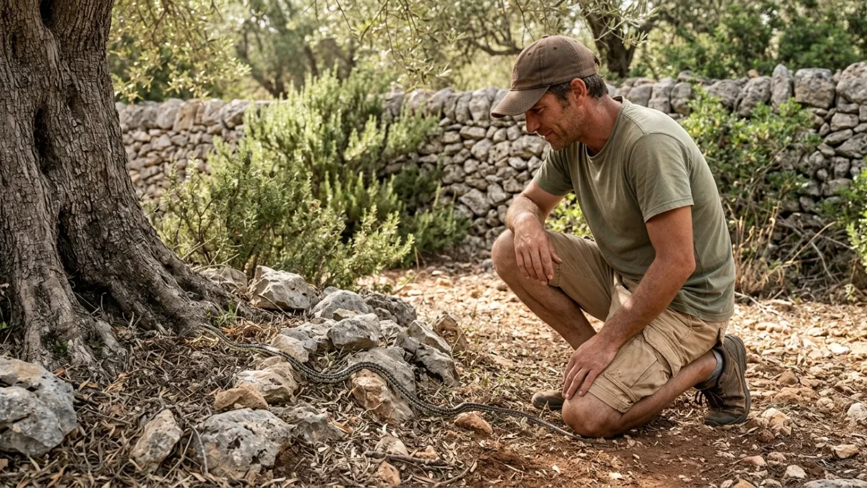 Esemplare di colubro ferro di cavallo tra le rocce della macchia mediterranea a Ibiza