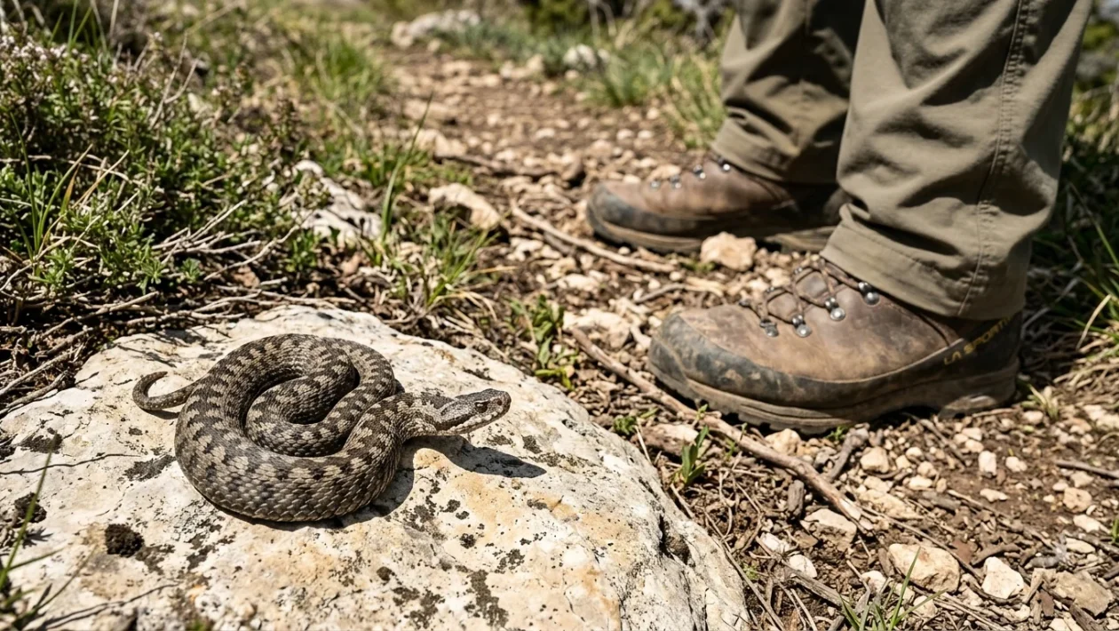 Esemplare di vipera comune posato su una pietra in ambiente montano