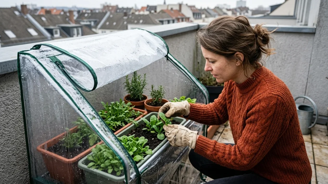 Piccola serra fredda da balcone con ripiani e vasi di ortaggi a foglia verde