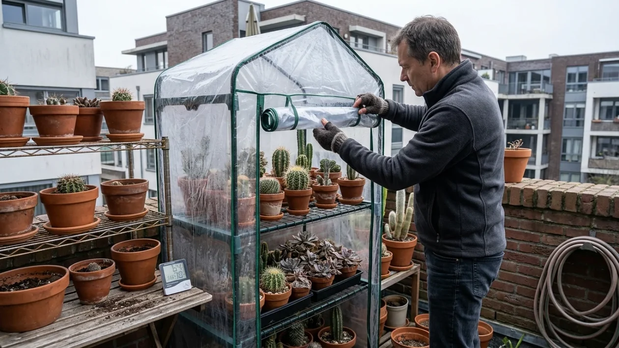 Cactus e piante succulente riparati all'interno di una serra fredda da balcone