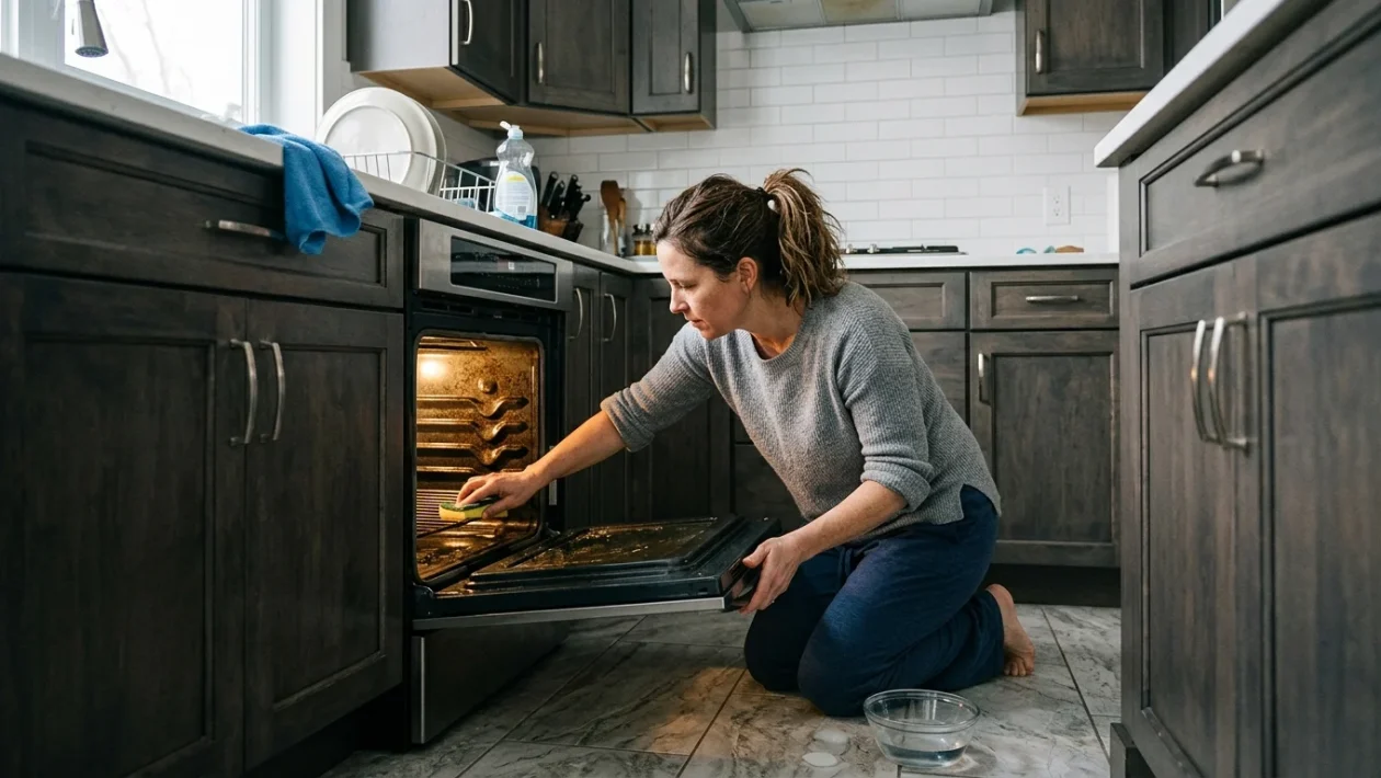 Interno di un forno da cucina con residui di grasso sulle pareti e griglie