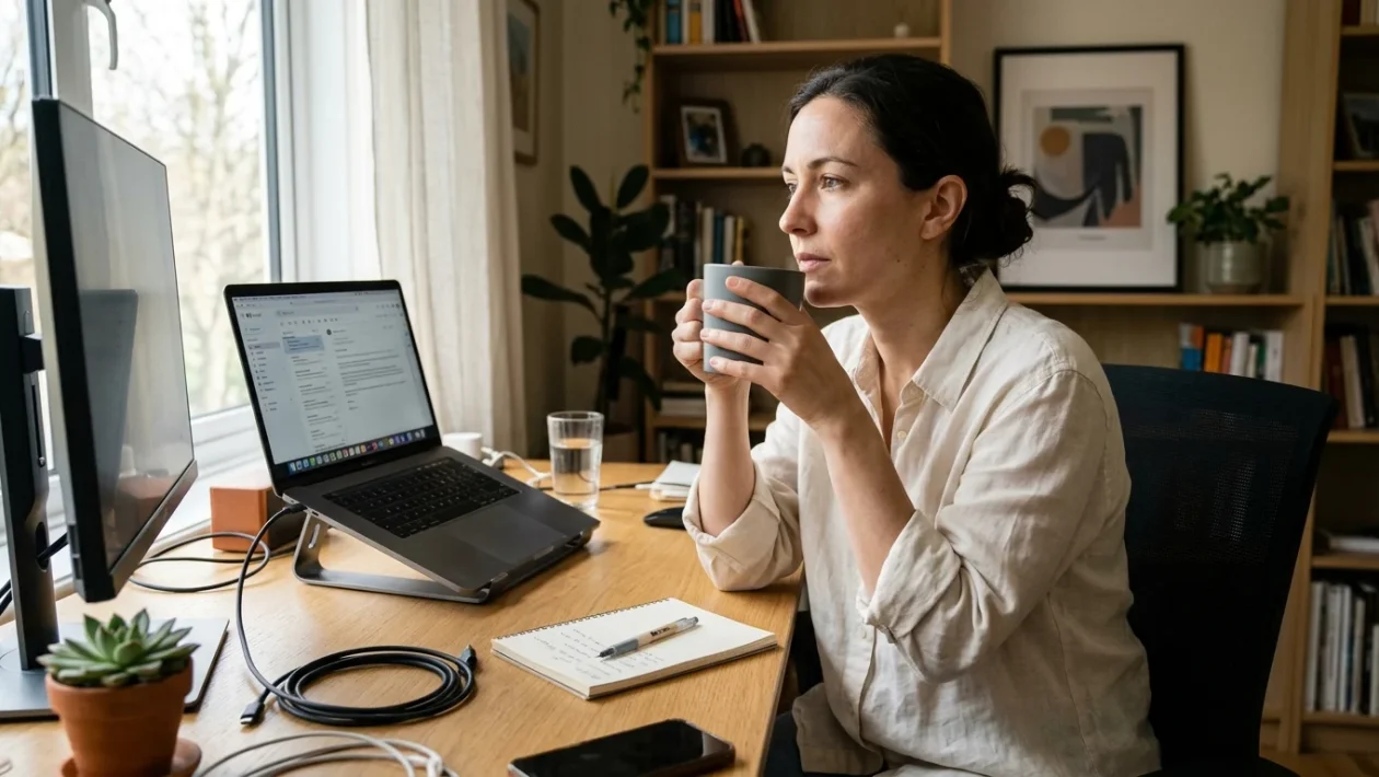 Scrivania ordinata con agenda e tazza di caffè per pianificare il rientro al lavoro