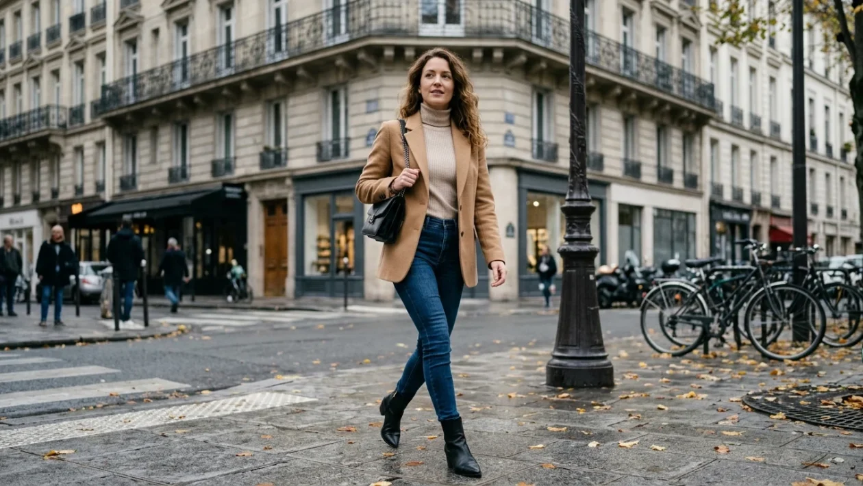 Outfit autunnale con skinny jeans scuri, stivali alti in pelle e blazer sartoriale oversize