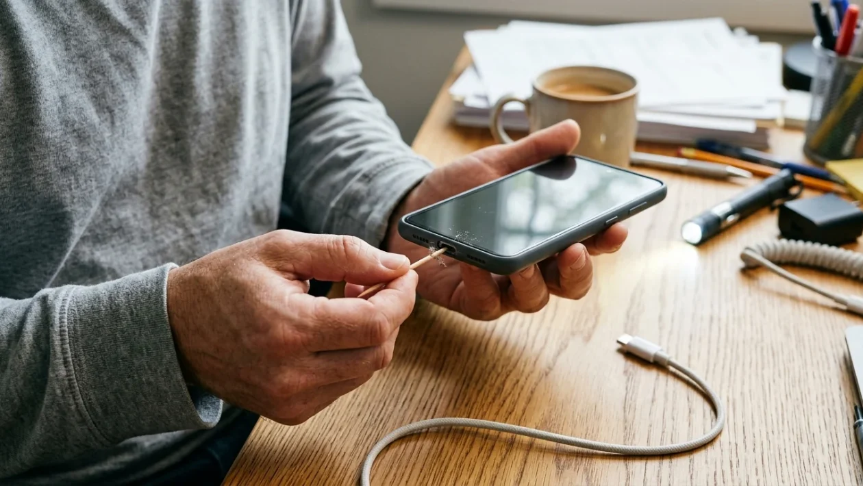 Porta di ricarica di uno smartphone con polvere, stuzzicadenti e cavo USB-C su una scrivania