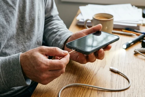 Porta di ricarica di uno smartphone con polvere, stuzzicadenti e cavo USB-C su una scrivania