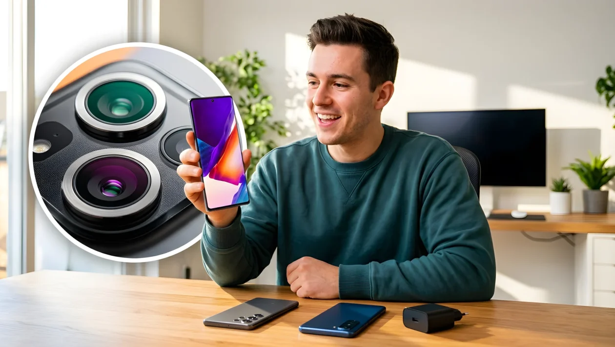 Quattro smartphone su un tavolo con accessori da ricarica e taccuino
