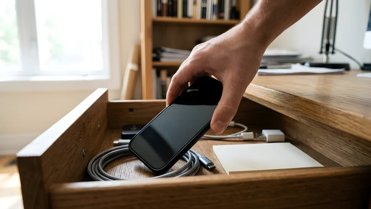 Smartphone spento con schermo nero in un cassetto di legno, accanto a un cavo di ricarica arrotolato