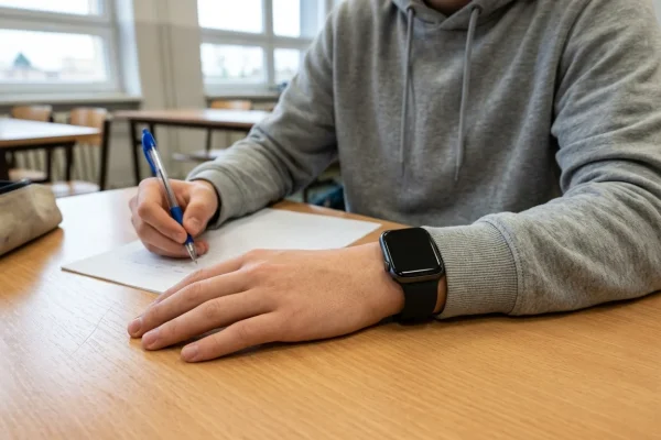 Dispositivo smartwatch al polso di uno studente seduto al banco di scuola