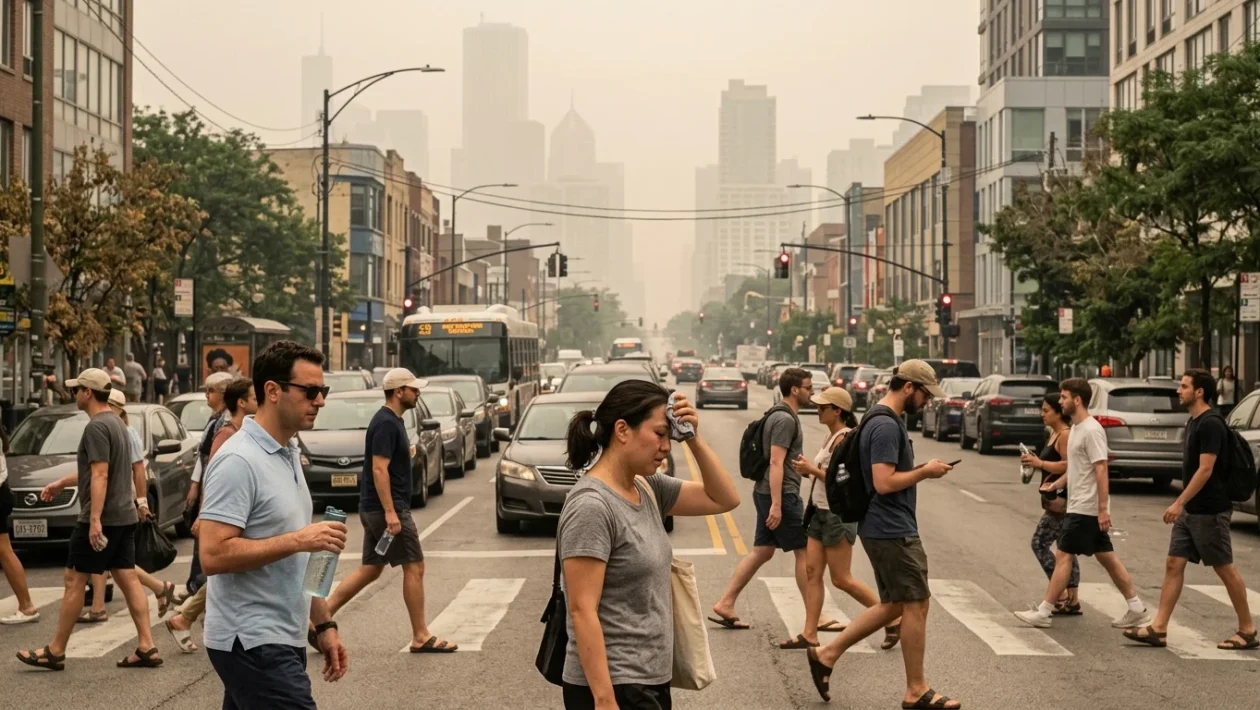 Cappa di smog fotochimico all'orizzonte sopra i tetti di una grande città