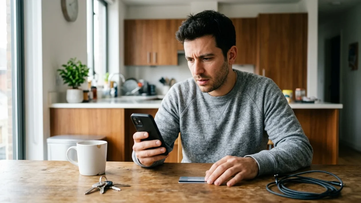 Smartphone con schermata di un'applicazione bancaria e notifica di saldo bloccato