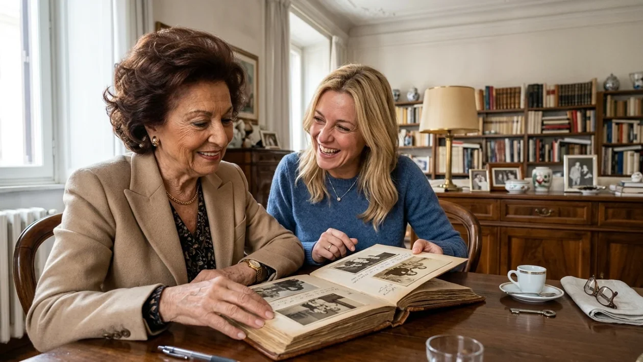 Ritratto di Sophia Loren e rappresentazione dell'albero genealogico con la famiglia Mussolini