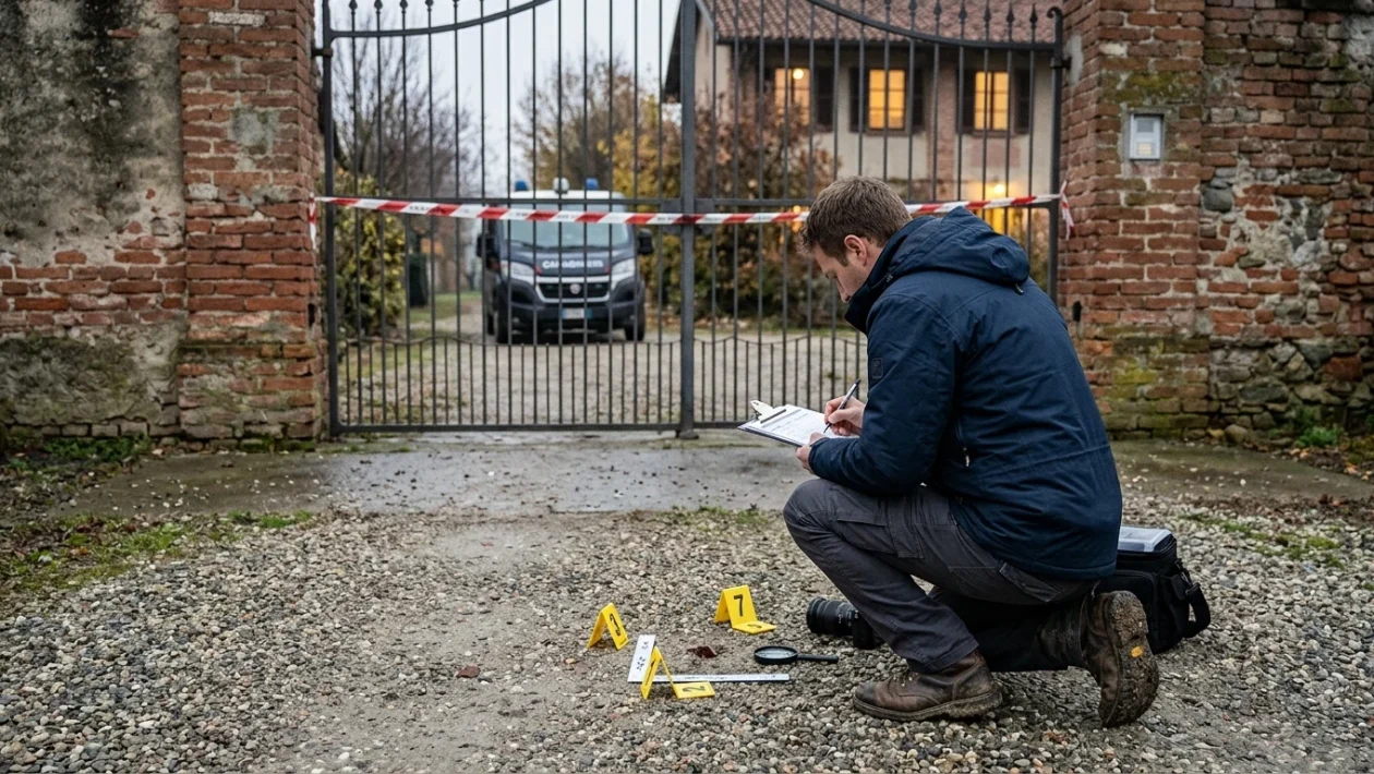 Rilievi dei carabinieri nel cortile di una villetta per indagini giudiziarie