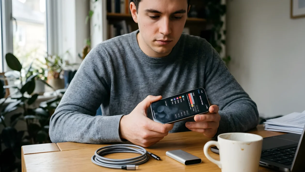 Smartphone con schermata di gestione file accanto a un SSD esterno e un adattatore USB-C su una scrivania