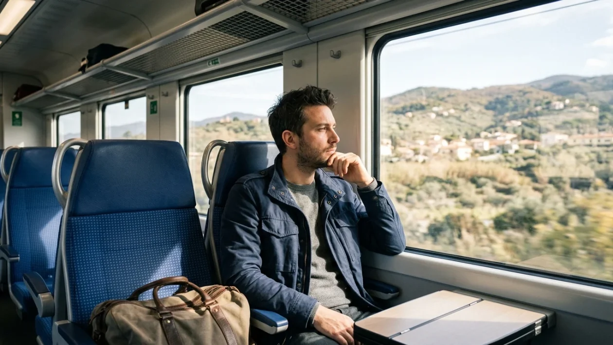 Treno regionale in transito lungo la linea ferroviaria tirrenica tra Liguria e Toscana