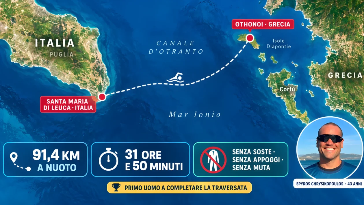 Spyros Chrysikopoulos nuota per 91,4 km dalla Grecia alla Puglia: traversata no-stop di quasi 32 ore