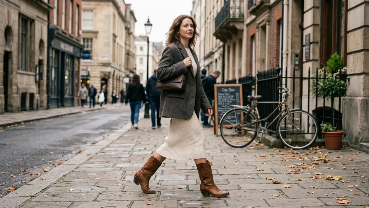 Look autunnale da donna con stivali camperos scamosciati e cappotto sartoriale leggero