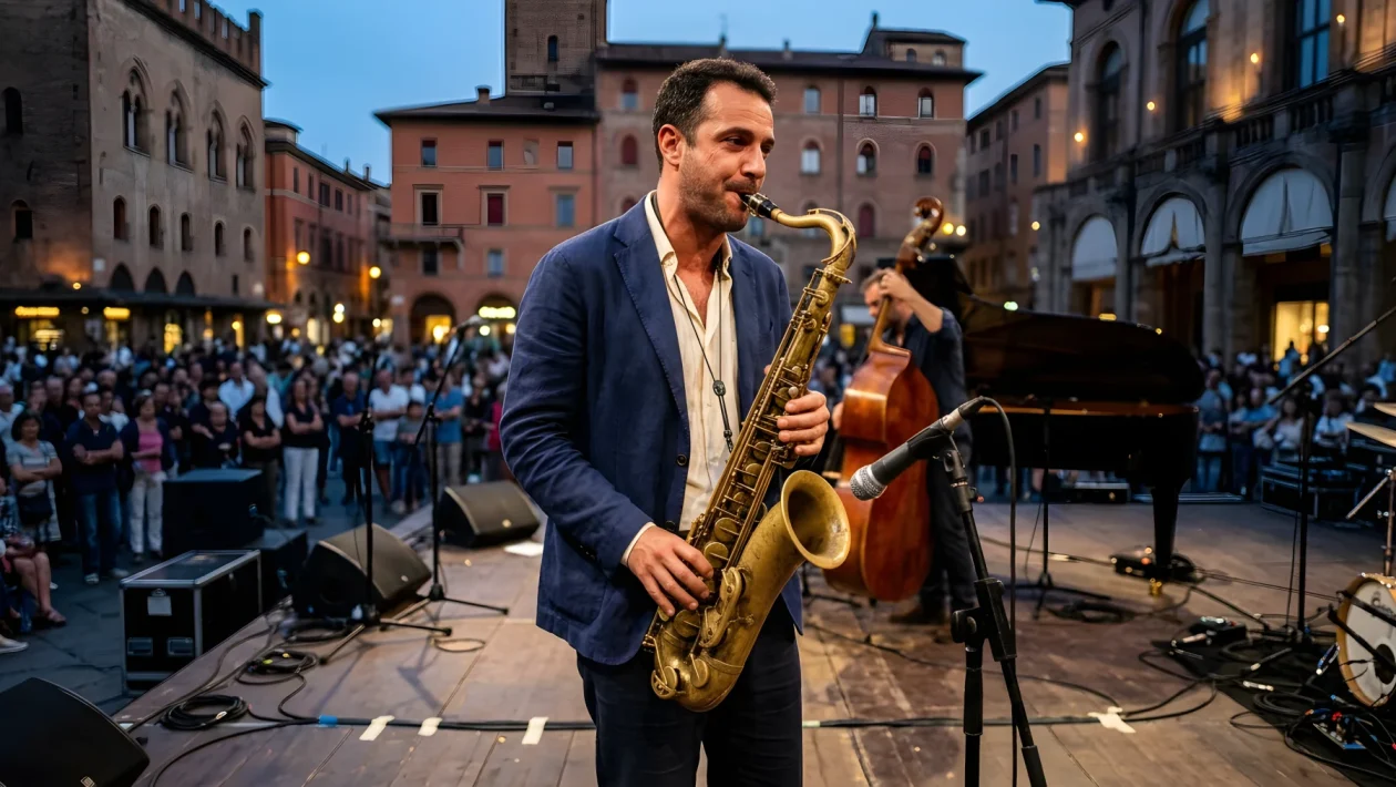 Musicisti jazz sul palco di Piazza Maggiore a Bologna