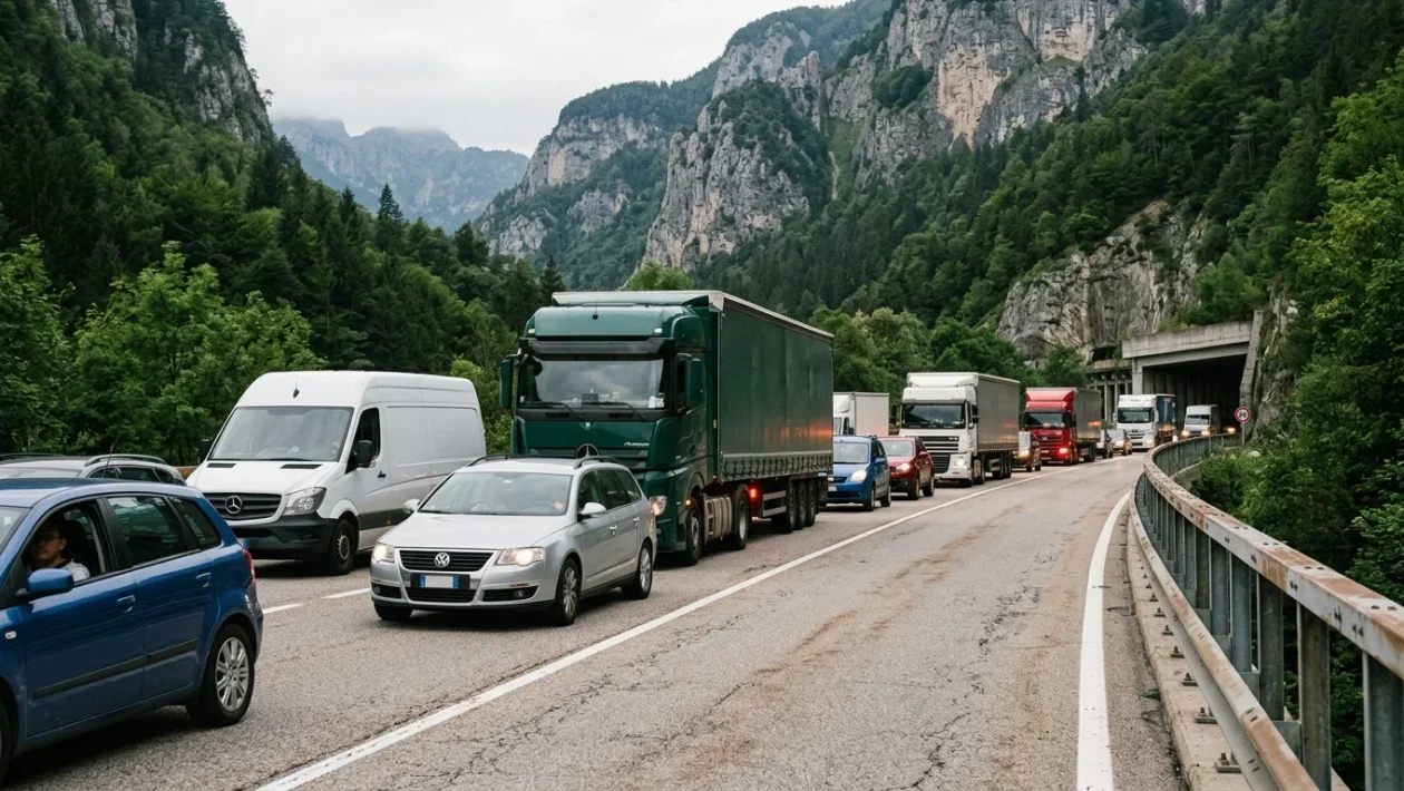 Tratto della Strada Statale 47 della Valsugana tra montagne e traffico veicolare