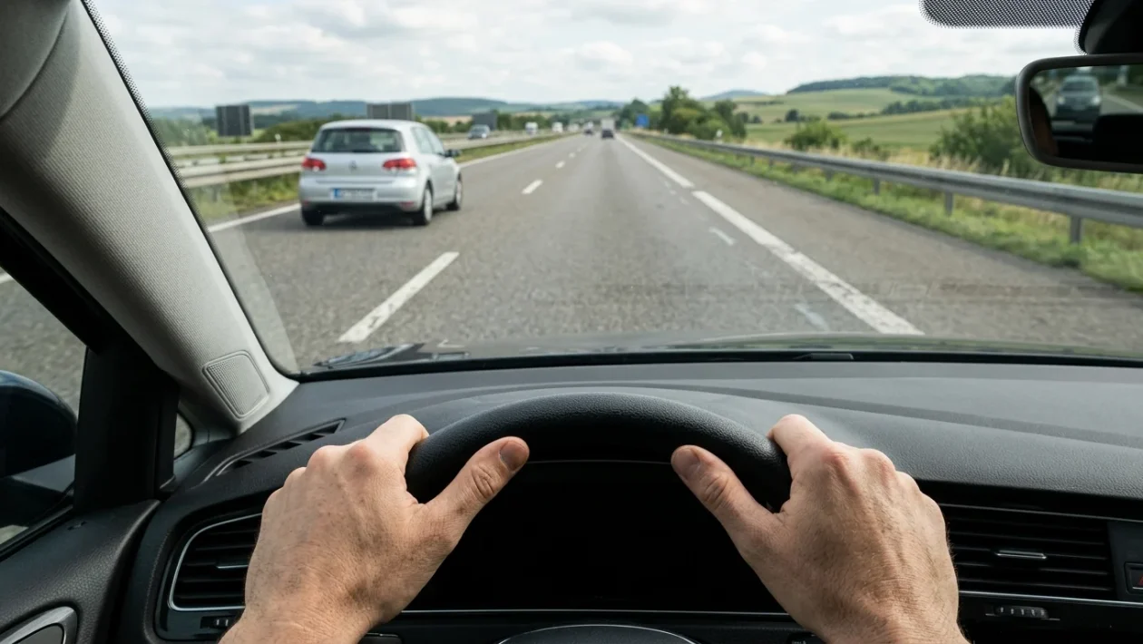 Auto in marcia sulla corsia di destra in autostrada mentre sfila un veicolo al centro