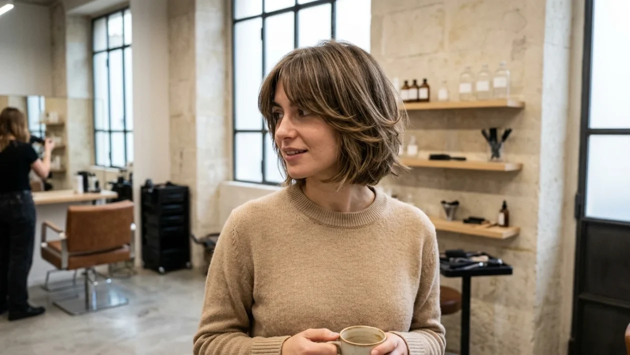 Taglio capelli butterfly bob scalato su capelli castani con piega a onde morbide