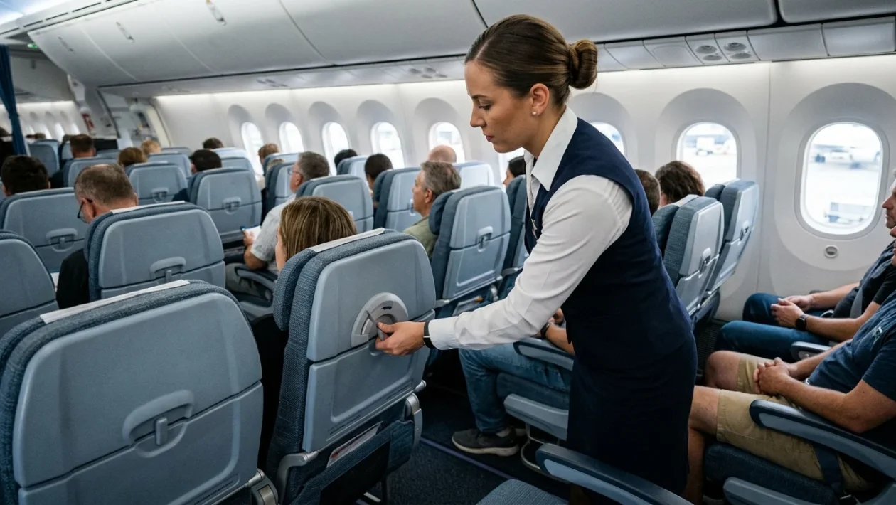 Tavolino reclinabile chiuso su un sedile di un aereo di linea