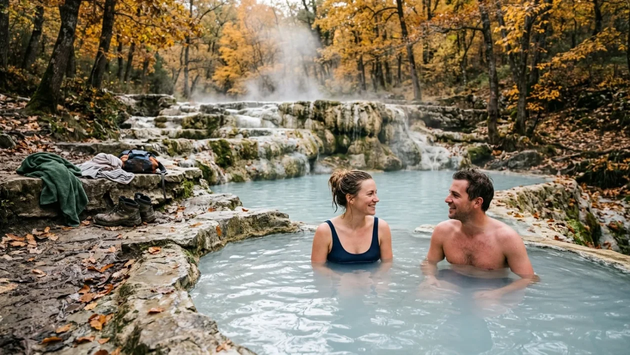 Vasche termali naturali all'aperto in Toscana circondate da alberi dai colori autunnali