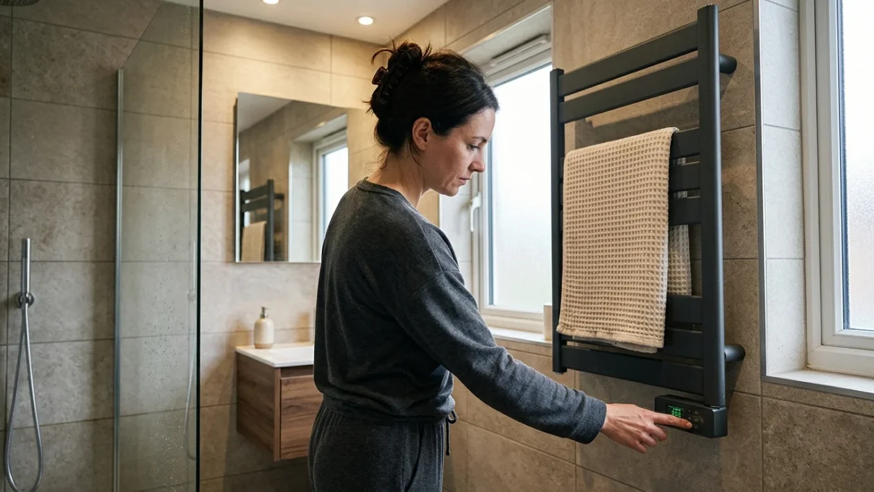 Termoarredo elettrico scaldasalviette installato sulla parete di un bagno moderno
