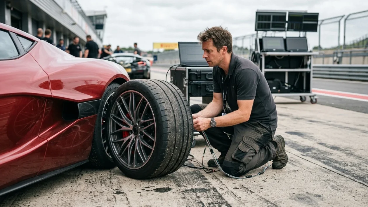 Prototipo sportivo Tesla Roadster di colore rosso esposto su pedana