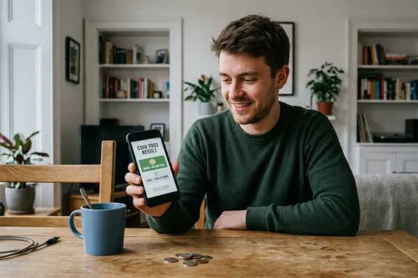 Interfaccia del widget interattivo di Google per il lancio della moneta testa o croce su smartphone
