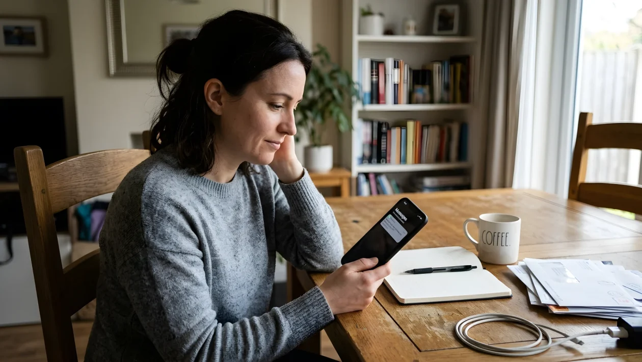 Mano che controlla uno smartphone su una scrivania con bollette, penna e calendario da tavolo sullo sfondo