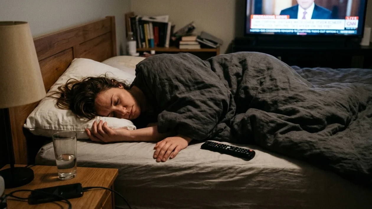 Persona che dorme a letto con la TV accesa sullo sfondo, comodino con sveglia analogica, bicchiere d’acqua e telecomando