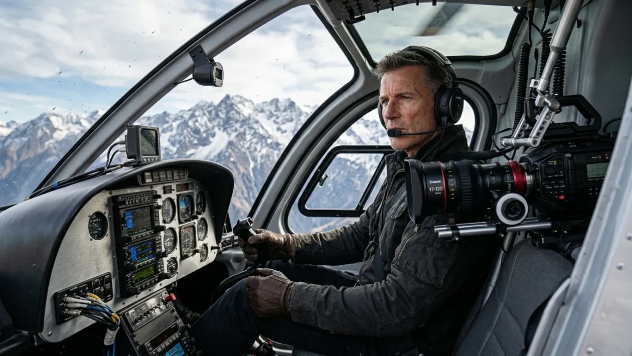 Tom Cruise a bordo di un velivolo prima di una sequenza di volo acrobatico