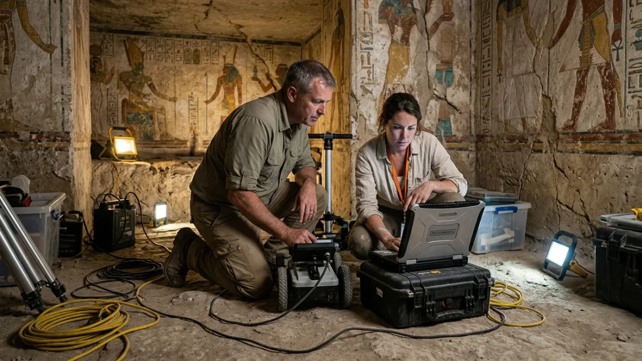 Pareti decorate della camera funeraria nella tomba di Tutankhamon con dettagli archeologici