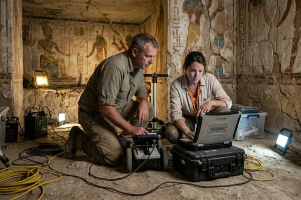 Pareti decorate della camera funeraria nella tomba di Tutankhamon con dettagli archeologici