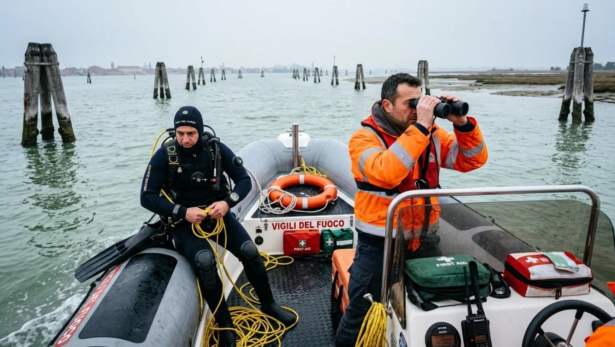 Operazioni di soccorso e perlustrazione dei Vigili del Fuoco nella laguna di Venezia