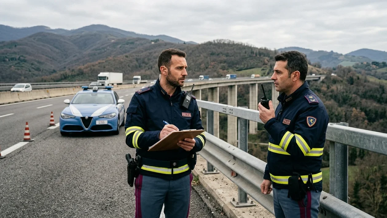 Auto della Polizia Stradale ferma lungo la carreggiata autostradale