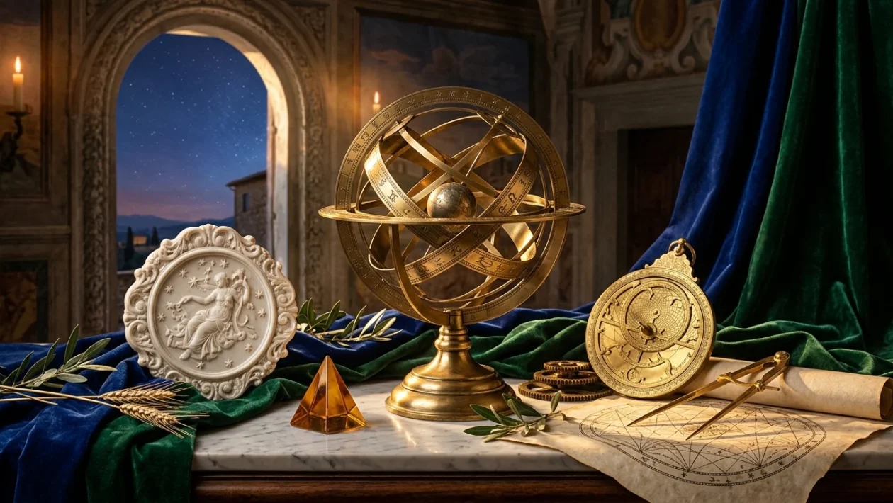 Rappresentazione astrologica della costellazione della Vergine con allineamenti planetari