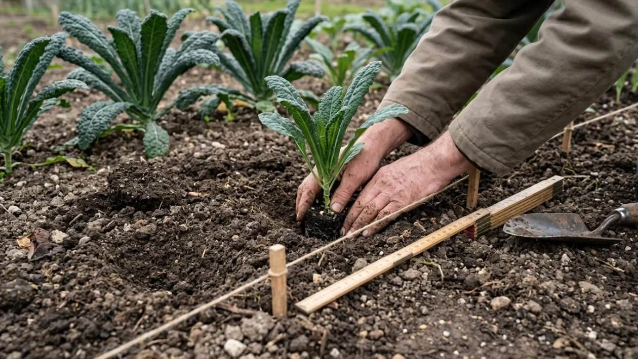 Piantine di cavolo nero messe a dimora nell'orto con sesto di impianto distanziato lungo i solchi