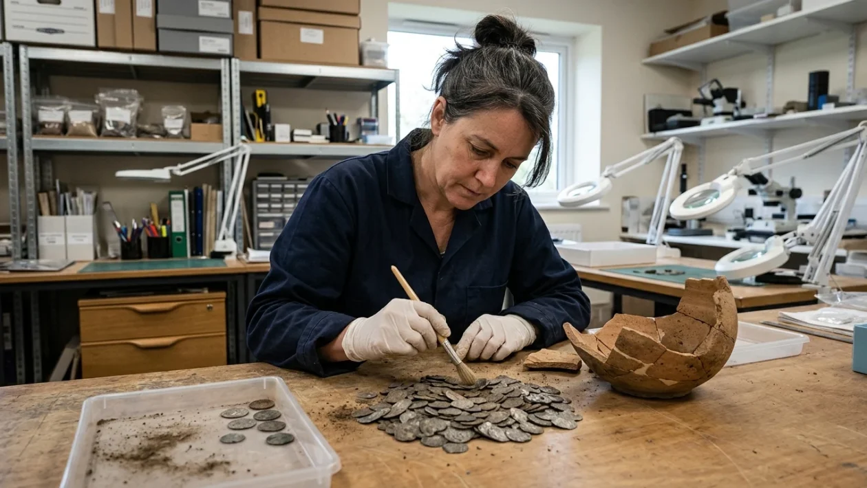 Monete d'argento medievali e brocca in ceramica rinvenute durante gli scavi archeologici a Kolomna