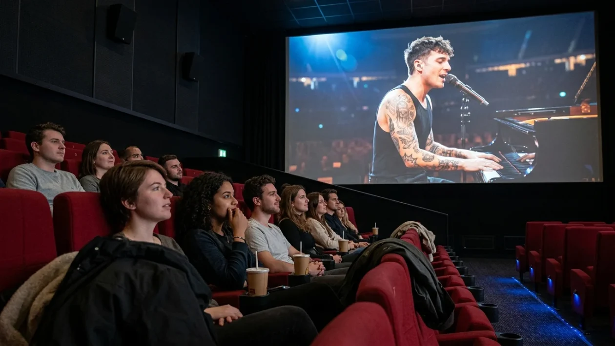 Schermo cinematografico durante la proiezione di un concerto dal vivo con pubblico in sala