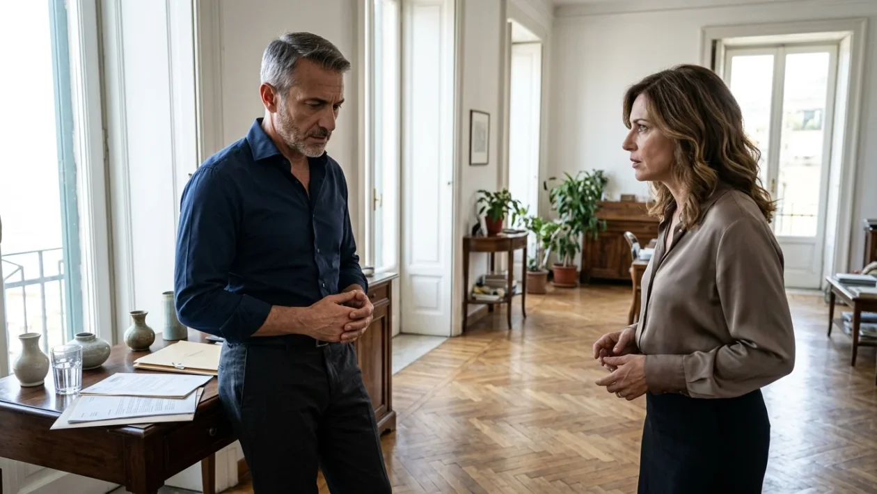 Alberto Palladini e Anna a confronto a Palazzo Palladini in una scena drammatica di Un Posto al Sole